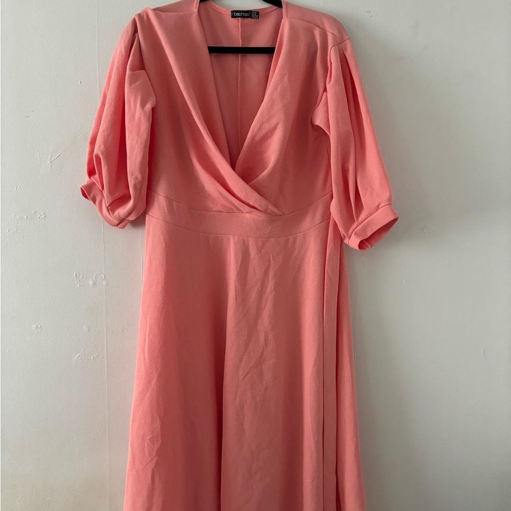 Size 16 Boohoo Plus Size Coral Puff Sleeve Fit and Flare Aline Wrap Dress